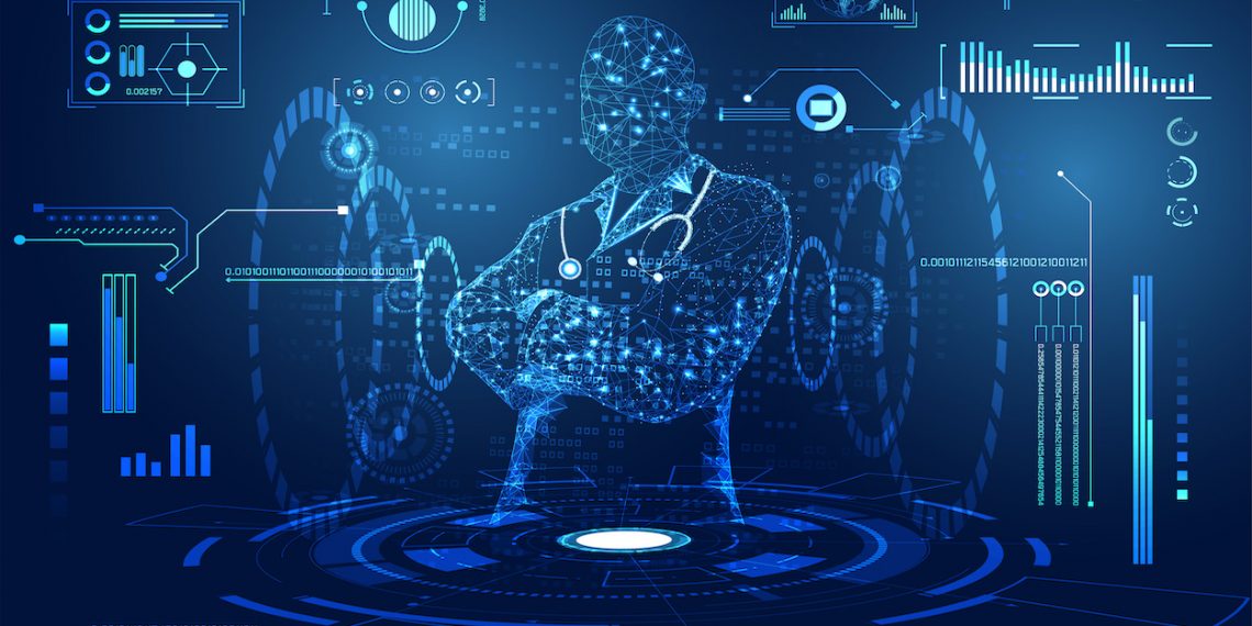abstract health medical science consist doctor digital futuristic virtual hologram treatment,medicine and communication system link connection on  hi tech blue background.Vector