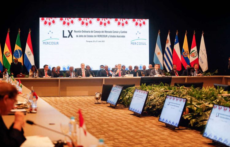 Presidents and delegates of the member countries of the South American Mercosur bloc attend a summit, in Luque, Paraguay July 21, 2022. REUTERS/Cesar Olmedo